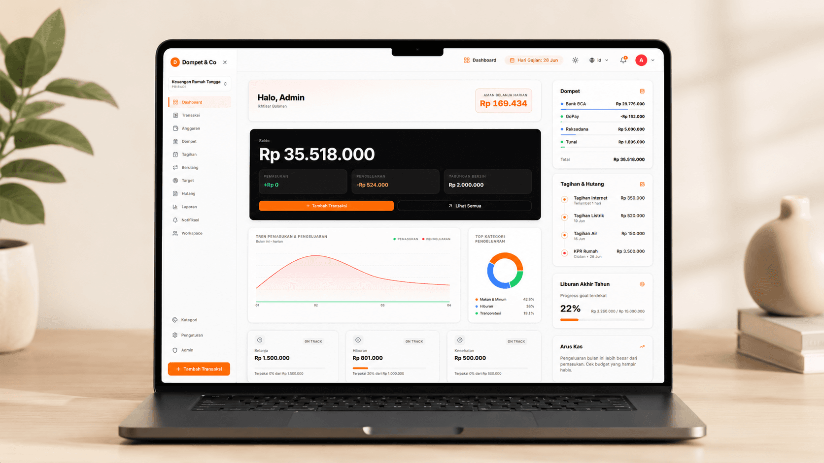 Tampilan dashboard utama Dompet & Co di laptop
